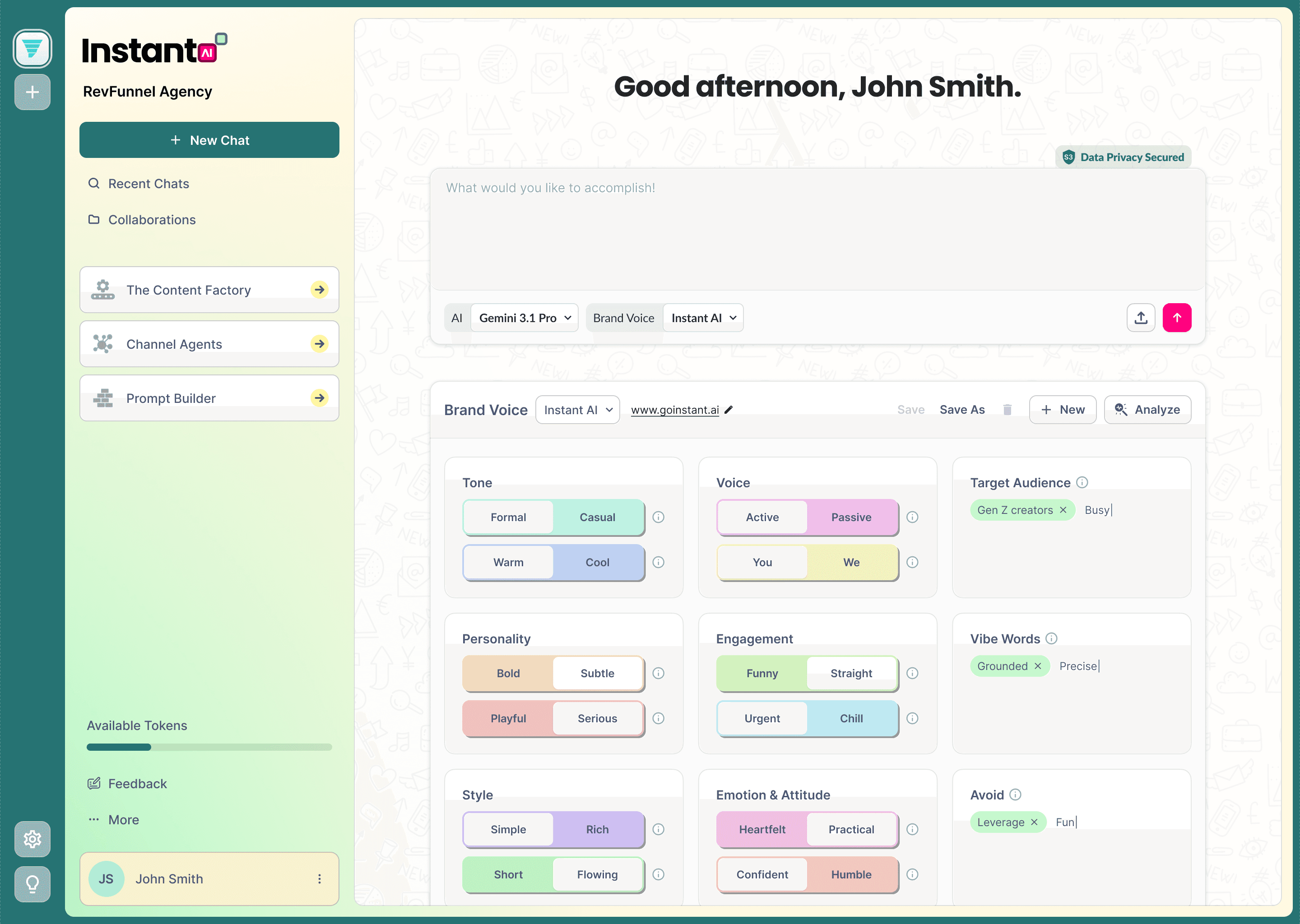 Instant AI dashboard with chat and brand voice tools