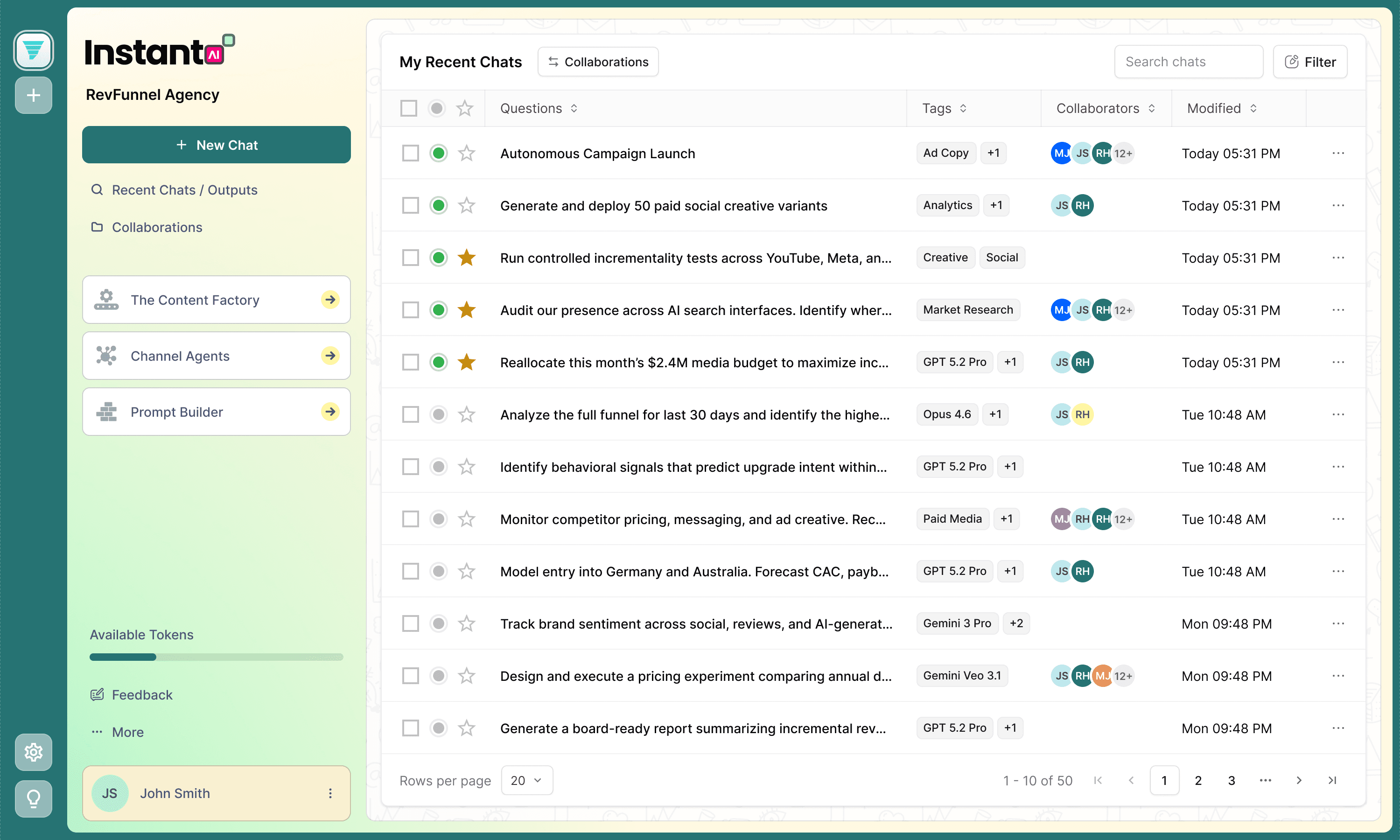 Instant AI recent chats workflow